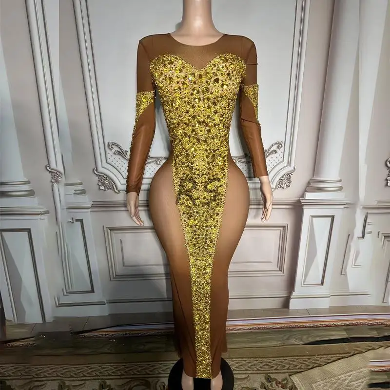 

Sparkly Gold Rhinestones Transparent Long Sleeves Dress Evening Birthday See Through