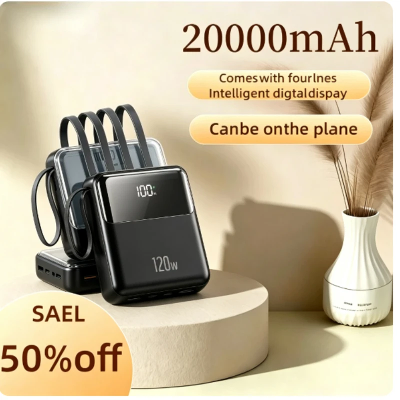 New 120W Super Fast Charging 20000mAh Large Capacity with Cable Small Mobile Power Bank Suitable for IPhone Xiaomi Samsung