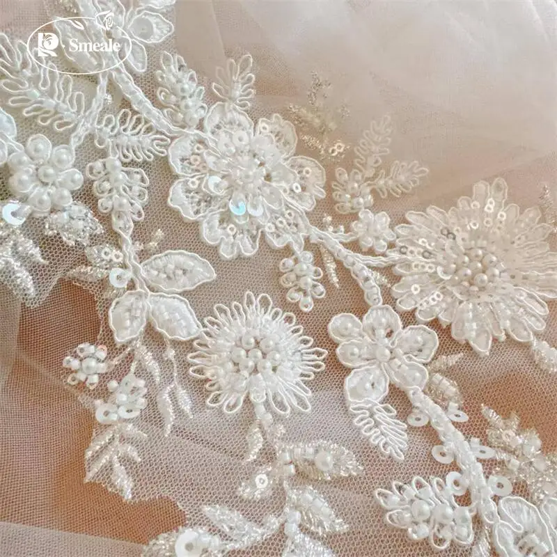 34X17CM Weiße Rayon-Perlen-Pailletten-Blumen Bestickte Spitzen-Spiegel-Applikation. Braut-Kopfschmuck. Patch DIY Hochzeitsaccessoires zum Nähen. – Detail 5