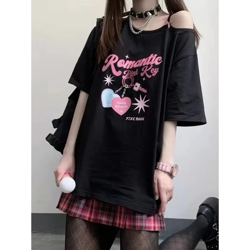 

Deeptown Kawaii Off Shoulder Women T-shirt Harajuku Sweet Girl White Tops Y2k Aesthetic Cute Graphic Tees Japanese Style Summer