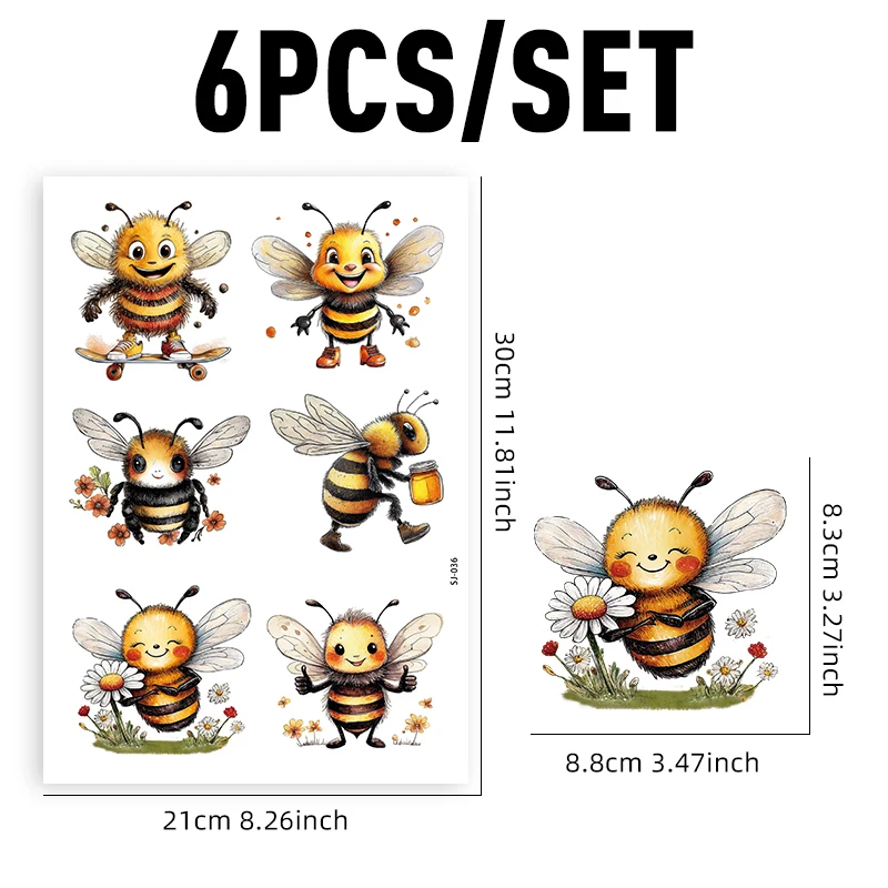 6pcsWatercolor Bee UV DTF Transfer Sticker for Arts And Crafts,Long-Lasting, And Suitable for Use on Cups, Bottles, Laptops