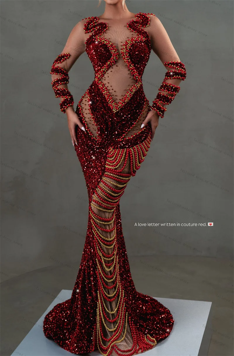 

Luxury Pearls Women Prom Dress Sexy Sheer Full Sleeves Shiny Crystals Mermaid Bridal Evening Gown Customized Lace Up Back Robe