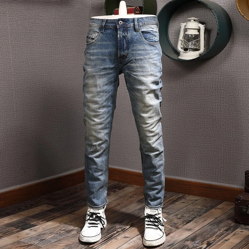 

Street Fashion Men Jeans High Quality Elastic Slim Fit Retro Blue Ripped Jeans Men Trousers Vintage Designer Denim Pants Hombre