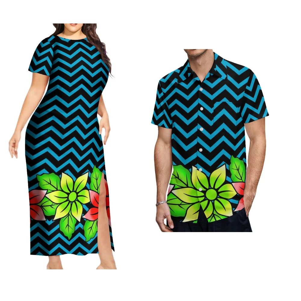 

Samoa Plus-Size Couple Suit Polynesian Island-Style Stylish Women'S Short-Sleeved Dress Matched With Hawaiian Aloha Shirt