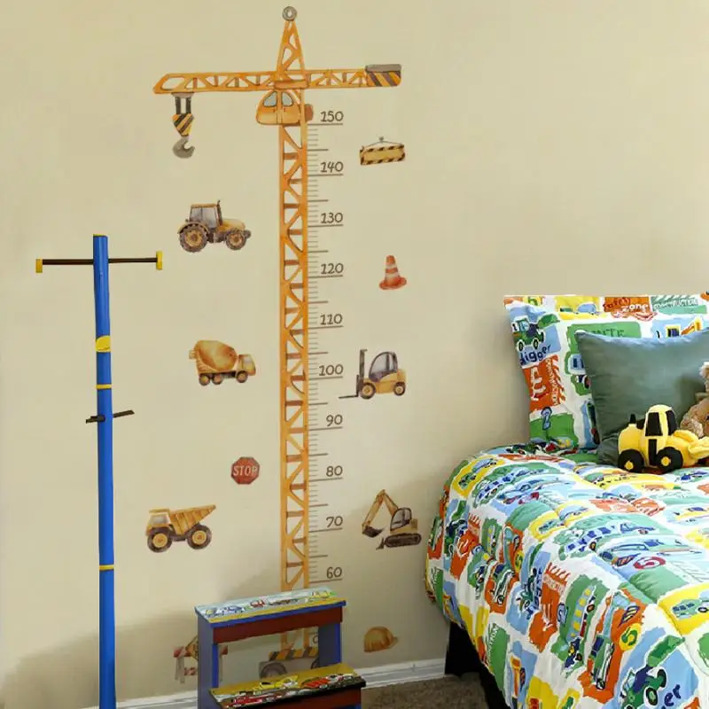 Cartoon Crane Construction Height Chart Wall Sticker Kids Growth Measurement Decal Removable Self-Adhesive Vinyl