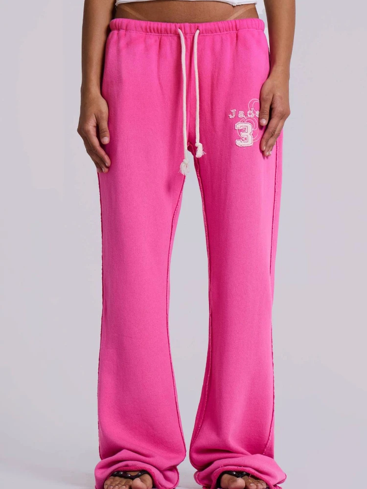 Y2K Damen Schlaghose mit Rohkanten-Nähten, Buchstaben-Stickerei, Kordelzug, Lose Bootcut-Hose, Retro Streetwear Sweatpants