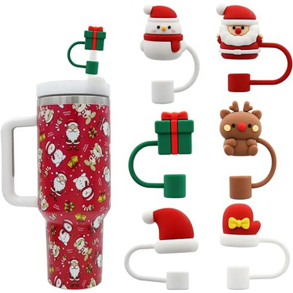 Elk Drink Cover Festive Christmas Straw Toppers Santa Claus Snowman Elk Tree Hat Design Lid for Cup Reusable for Xmas for Cup