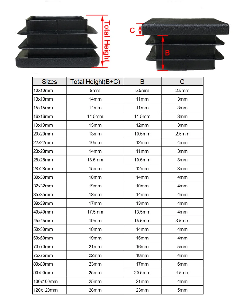 Tappo per inserto tubo quadrato in plastica nera da 2/4/8 pezzi da 10x10 a 100x100mm