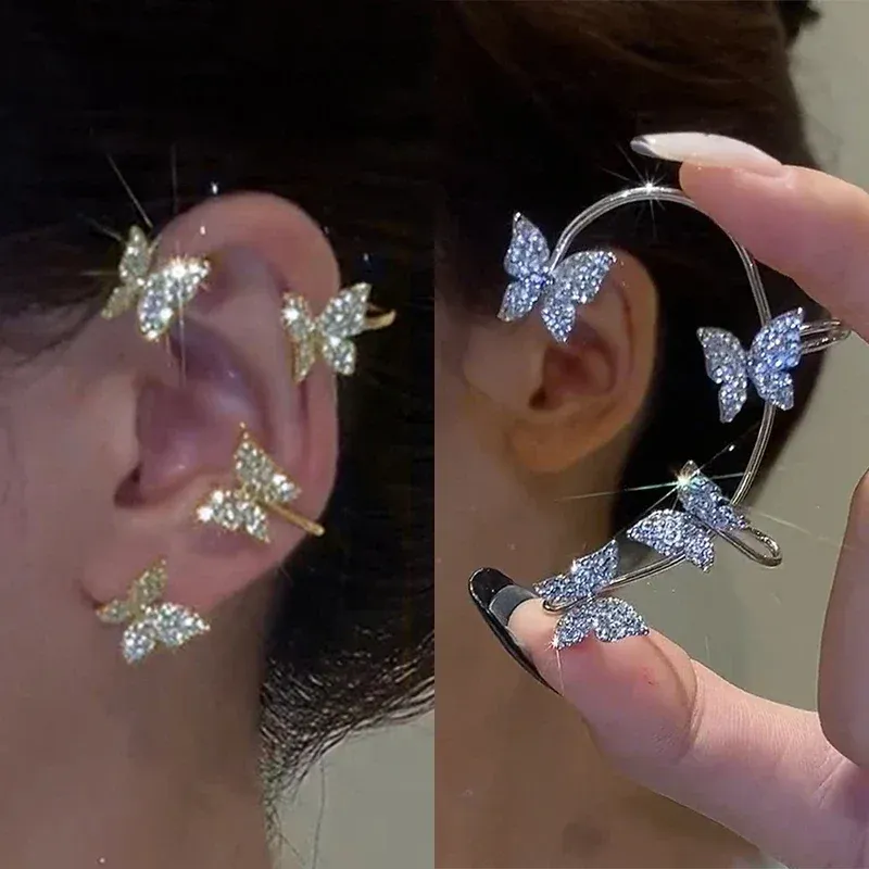  Silver Plated Metal Butterfly Ear Clips Without Piercing for Women Sparkling Zircon Ear Cuff Clip Earrings Wedding Jewelry 