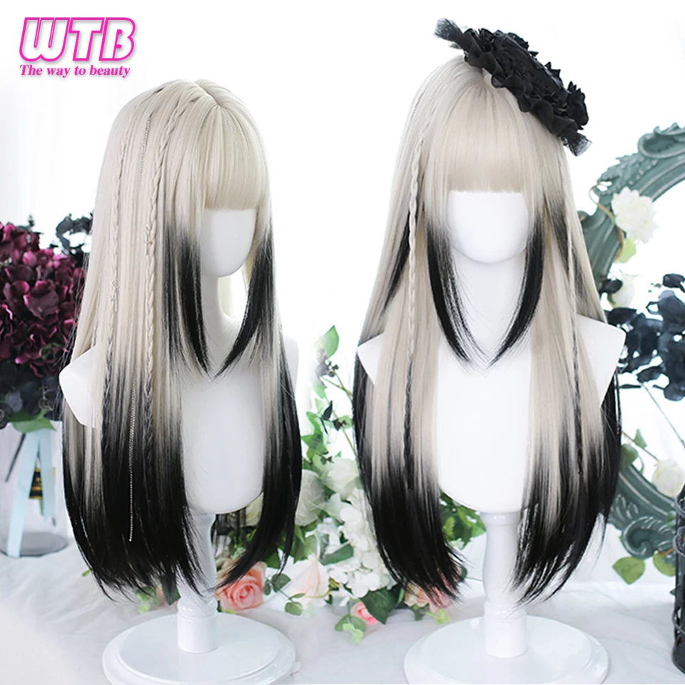 

Women Synthetic Lolita Wig Long Curly Ombre Two Tone Silver Grey Blue Hair For Cosplay With Bangs for Women Heat Resistant Wig