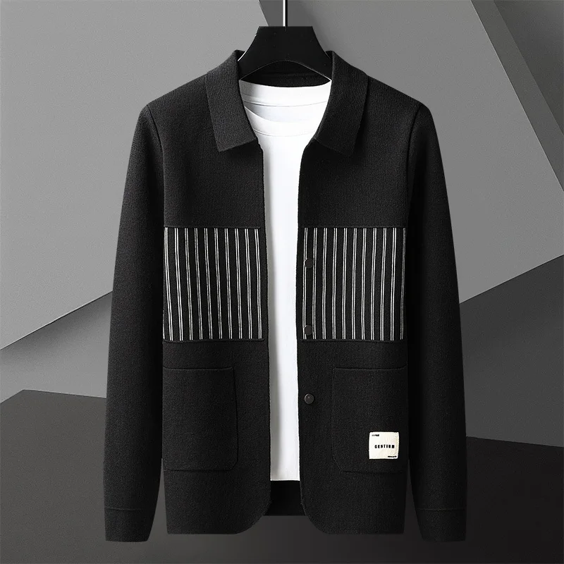 Simple Solid Color Cardigan Jacket Men Knit Casual Splicing Line Cardigan Coat Men Korean Color Contrast Lapel Jacket Cardigan