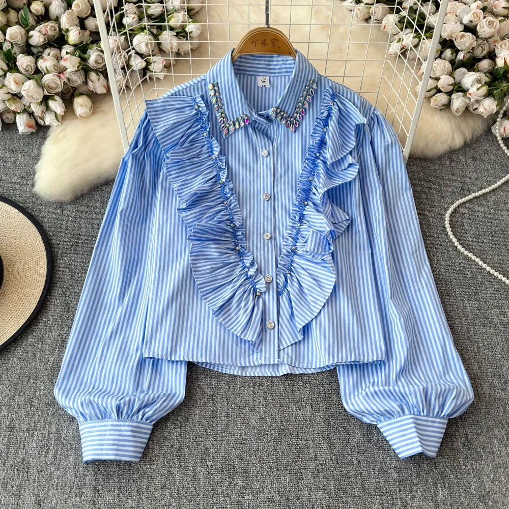 Vintage Turn-down Collar Chic Rhinestone Ruffle Striped Single Breasted Top Women Korean Streetwear High Street Autumn Blouse