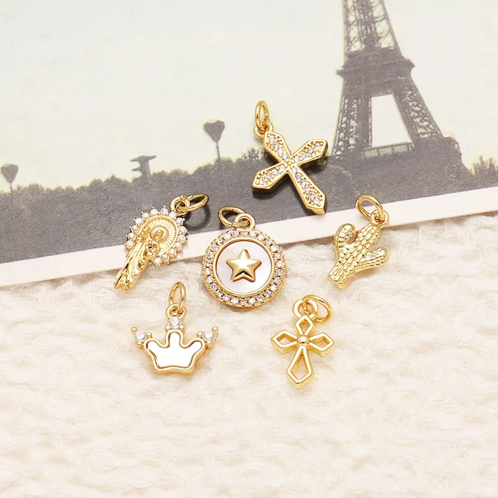 OCESRIO White Crystal Cross Charm for Bracelet Copper Gold Plated Shell Star Round Virgin Mary Jewelry Making Component chma552