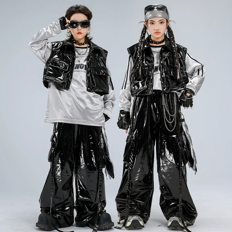 

Жилет в стиле хип-хоп для девочек, кожаные штаны-карго, толстовка для мальчиков, джоггеры для уличных танцев, детская уличная одежда, комплекты одежды, детские джазовые костюмы