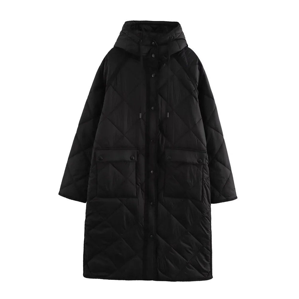 Inverno nuove donne abbigliamento moda senso di fascia alta semplice versione lunga giacca in cotone con cappuccio decorazione monopetto