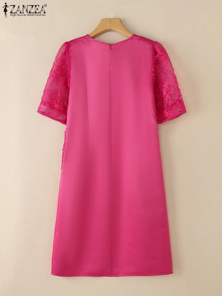 ZANZEA 半袖 V ネックローブファムサテン女性エレガントなシースルー膝丈ドレスレースパッチワーク通勤ファッションドレス