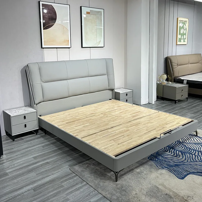 

Brand Italian minimalist light luxury first-layer cowhide leather bed modern minimalist master bedroom soft bed double bed