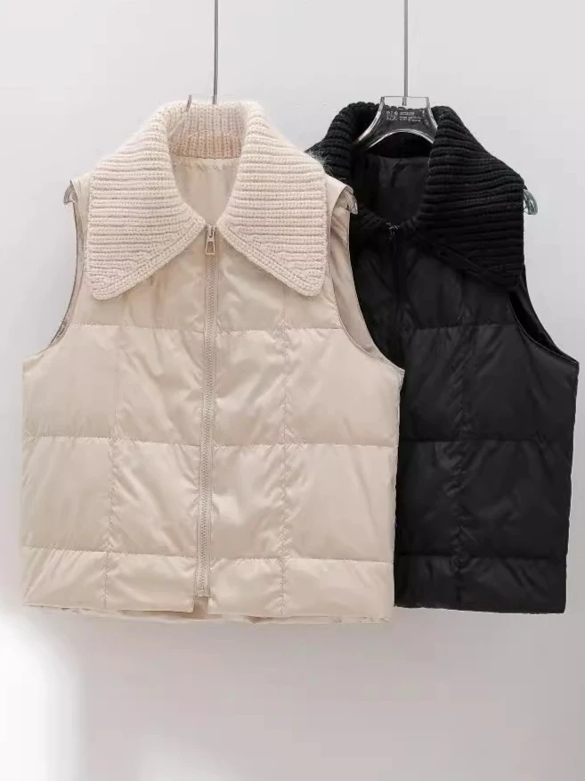 

2025 Autumn and Winter New Women's Knitted Lapel Vest Commuting Down Vest