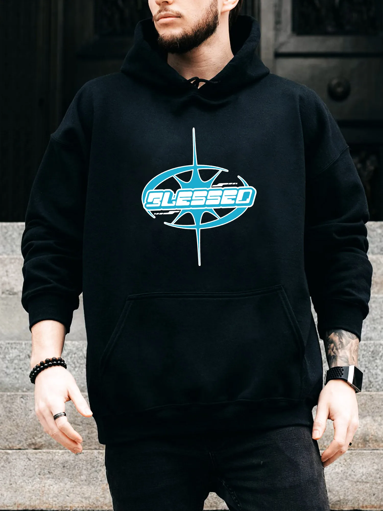 سترة بقلنسوة برباط للرجال من Blessed Y2K - بلوفر أسود مريح كاجوال، سترة بغطاء للرأس للخريف والشتاء #1