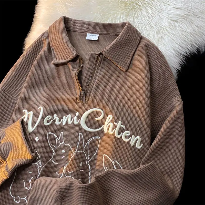 Waffle Polo Shirt Zipper Pullovers Cartoon Rabbit Embroidery Sweatshirt Women Long Sleeve Streetwear Autumn Japanese Fashion Top