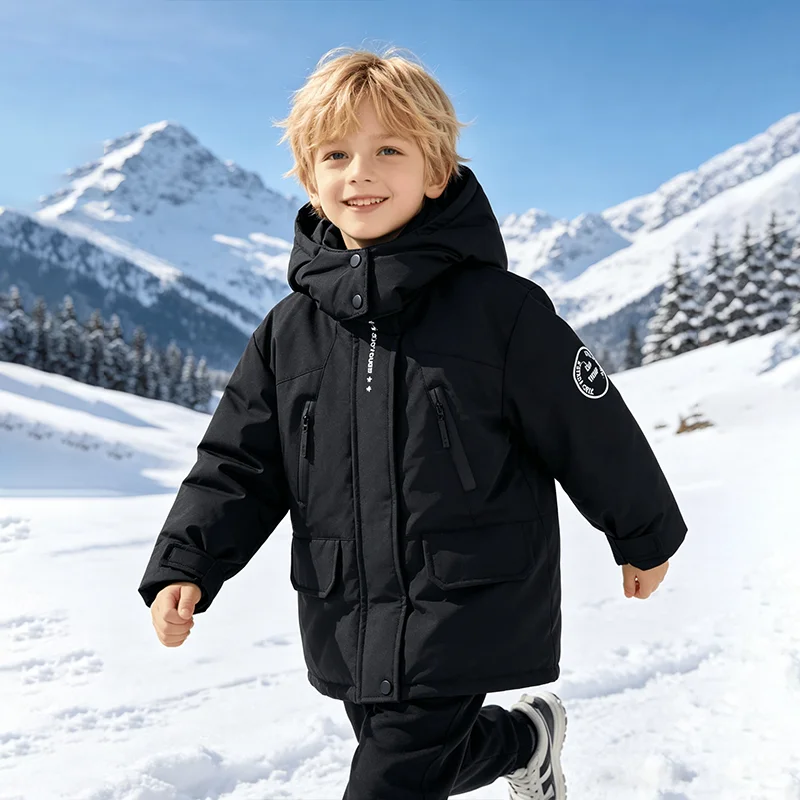 4-10 Years Kids Windproof Rainproof Hooded Cotton Jacket Boys Winter Letter Print Thick Warm Outdoor Sports Outerwear