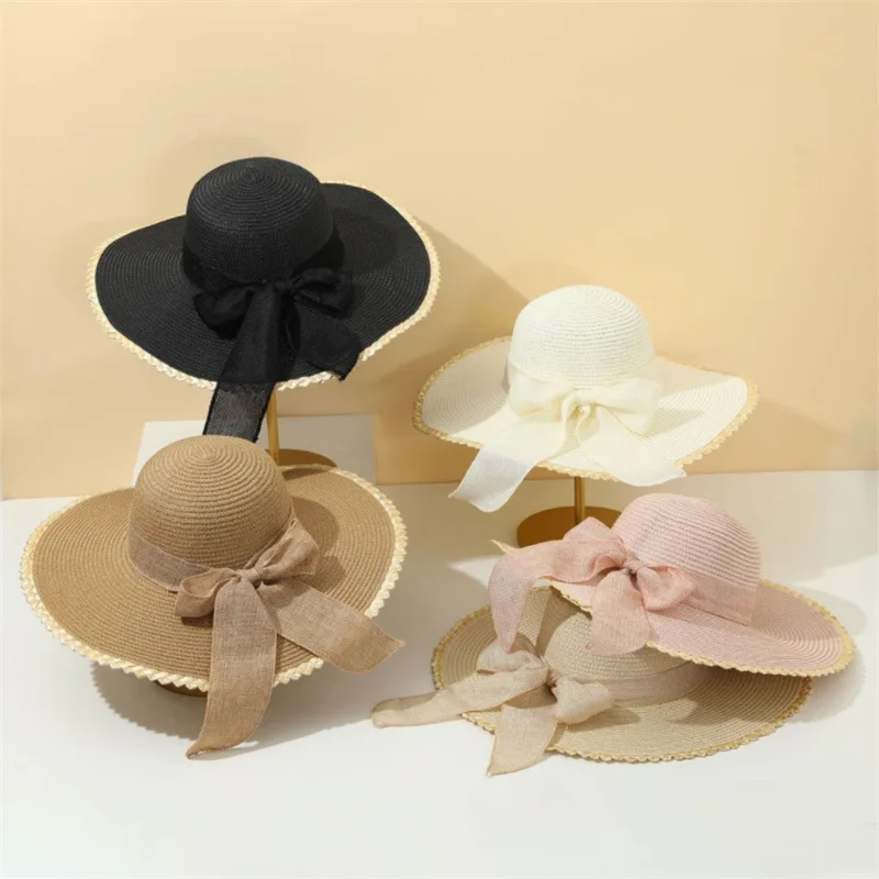 Fashion Bowknot Big Brim Hat Korean Style Big Wavy Straw Hat Female Seaside Beach Hat Sun Protection Hat Sun Hat