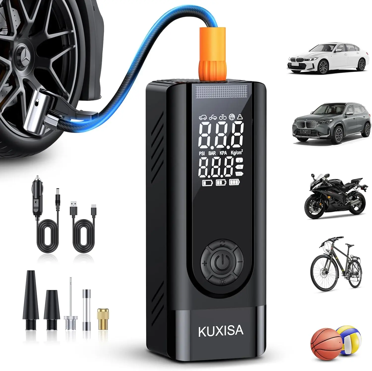 

Portable Air Compressor with Digital Gauge, 180 PSI Fast Inflation for Cars, Bikes, Balls