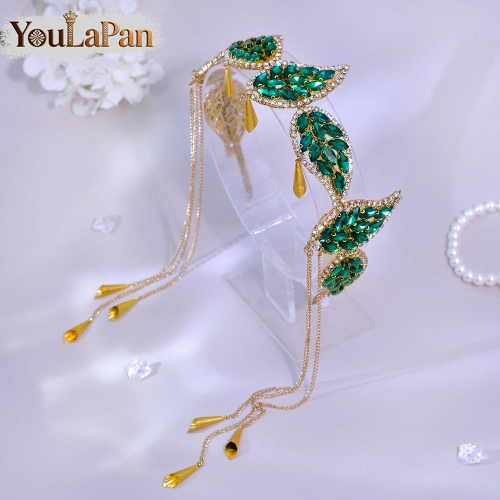 YouLaPan Luxury Green Color Rhinestone Leaf Bride Headband Golden Color Metal Tassel Hair Hoop Wedding Hair Accessories A365 image 3