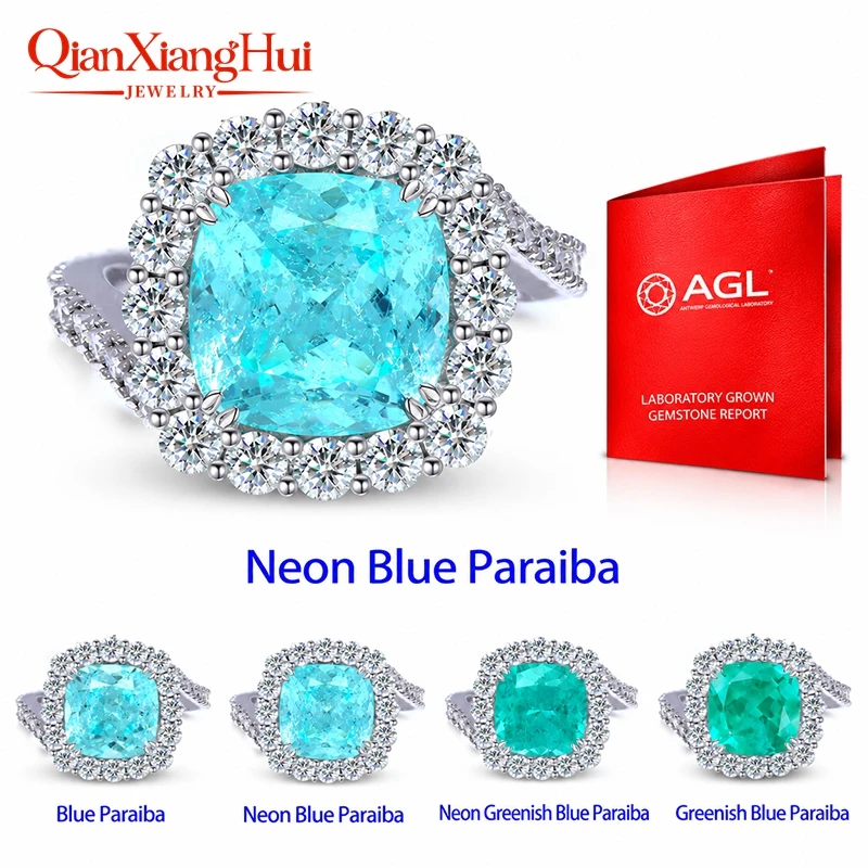 8mm/10mm Cushion Cut YAG Created Neon Blue greenish Paraiba 925 Silver Ring Moissanite Halo Eternity Band, Wedding Jewelry Women