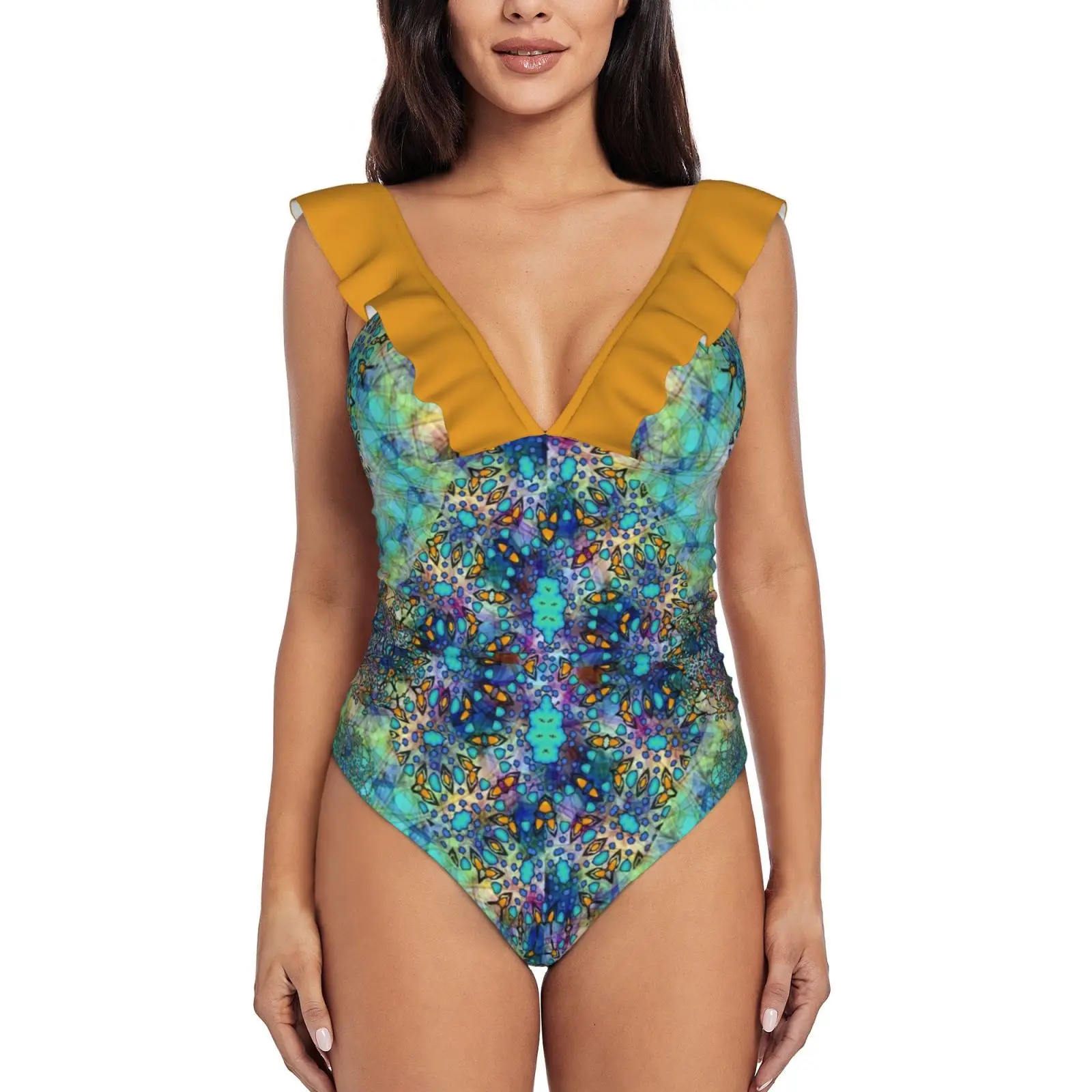 

Watercolor Batik Blue Prism Sexy One Piece Swimsuit Women Ruffled Swimwear Women Print Monokini Female Beachwear Blue Pattern