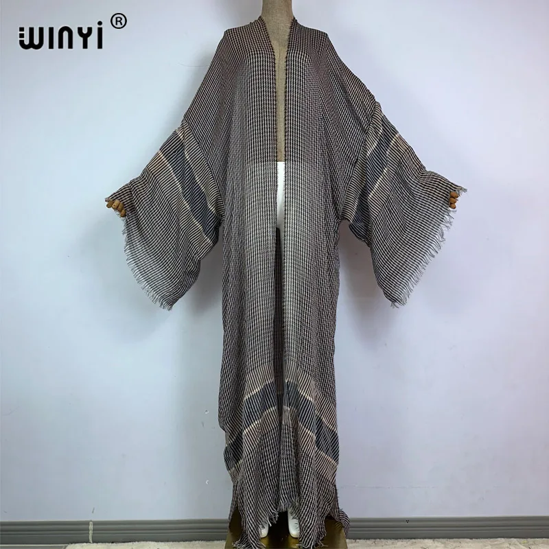 WINYI nowy letni nadruk kobiety sweter plażowaty sexy Boho Maxi afrykański wakacje z długim rękawem jedwabna sukienka kimono kaftan