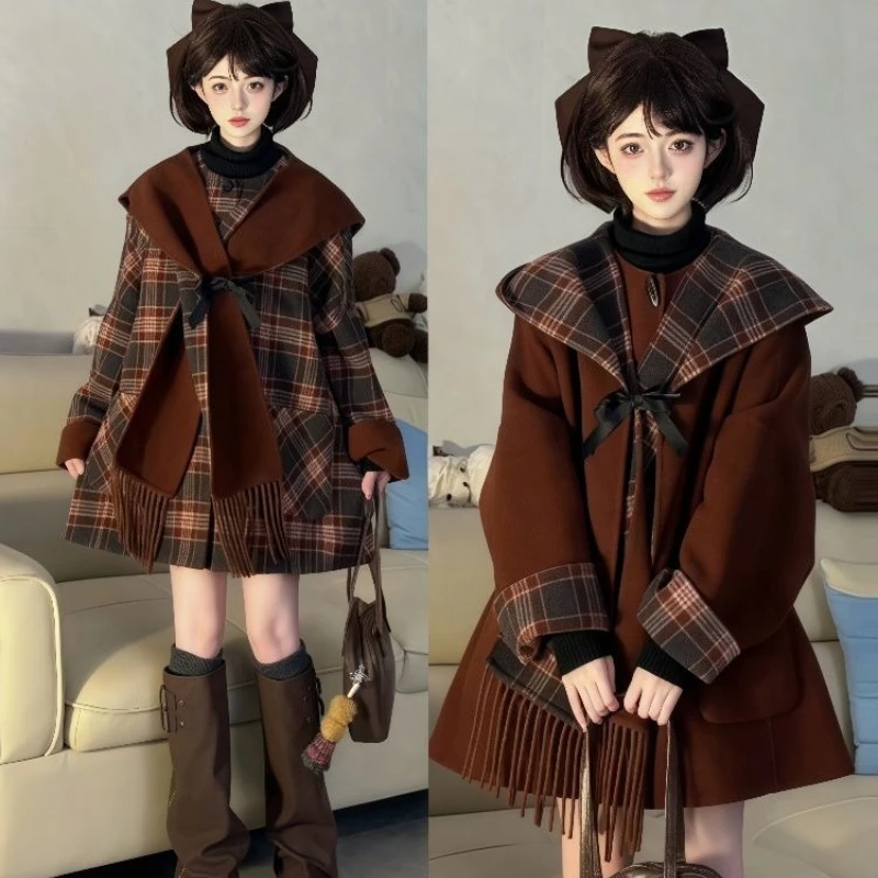 Autumn Winter Japanese Kawaii Lolita Woolen Coat Women Sweet Cloak Tassel Scarf Plaid Jackets Korean Style Retro Loose Overcoat