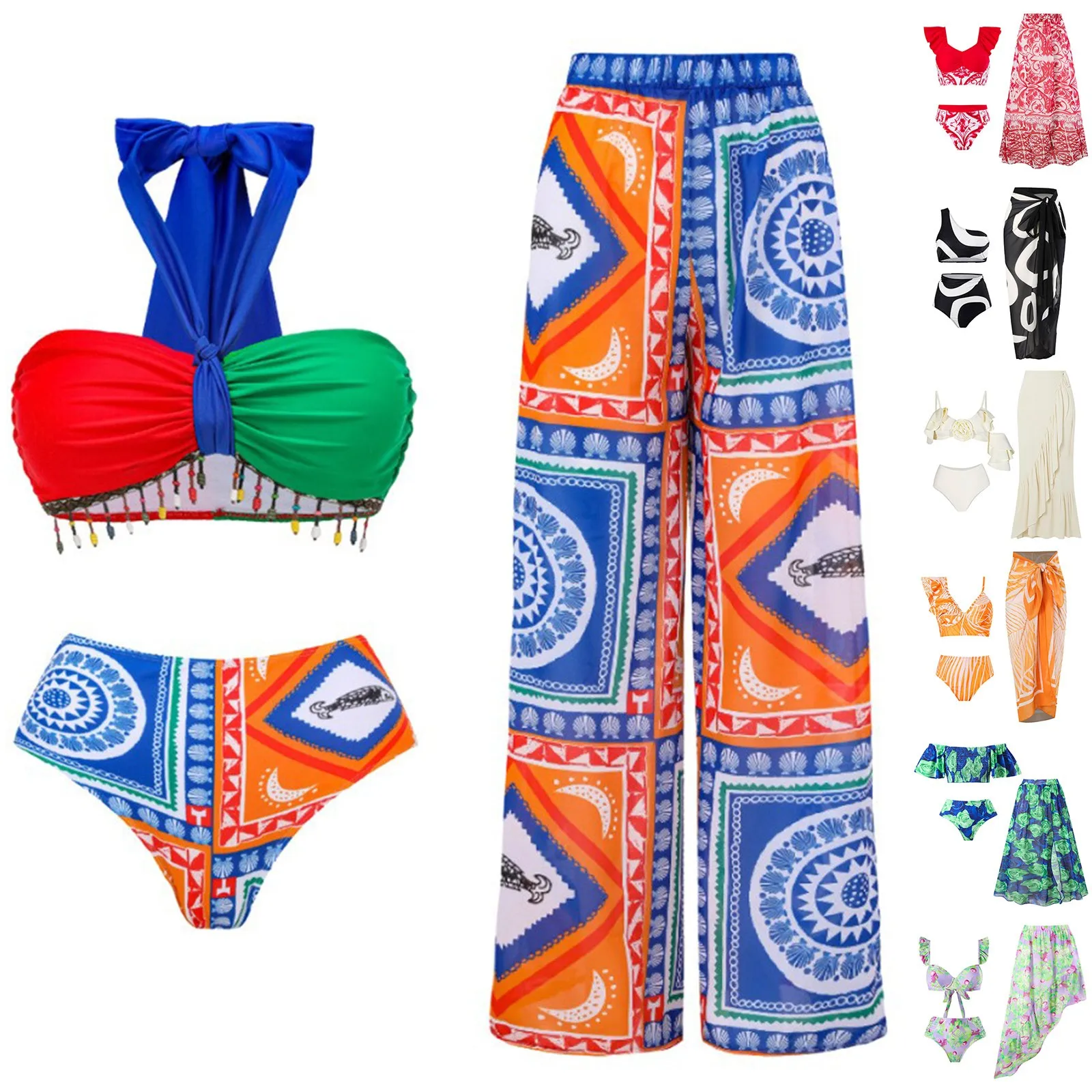 2024 Women Swimwear 3PC Cover-up Swimsuit Ruffle Solid Printed Deep V One-piece Monokini Kimono Bikini Suit Summer Beachwear