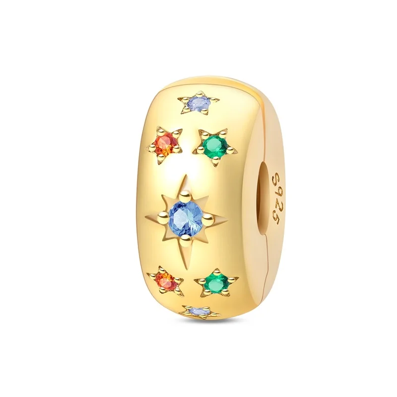 

925 Sterling Silver Charms Beads Colorful Star Gold Safety Buckle Safety Fixed Clip Fit Original Bracelet DIY Women Jewelry