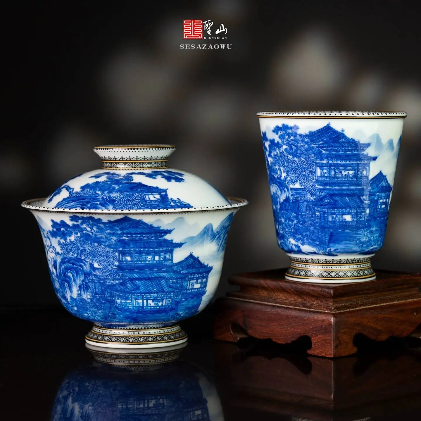 Holy Mountain Classy Blue And White Meticulous Landscape Pavilion 