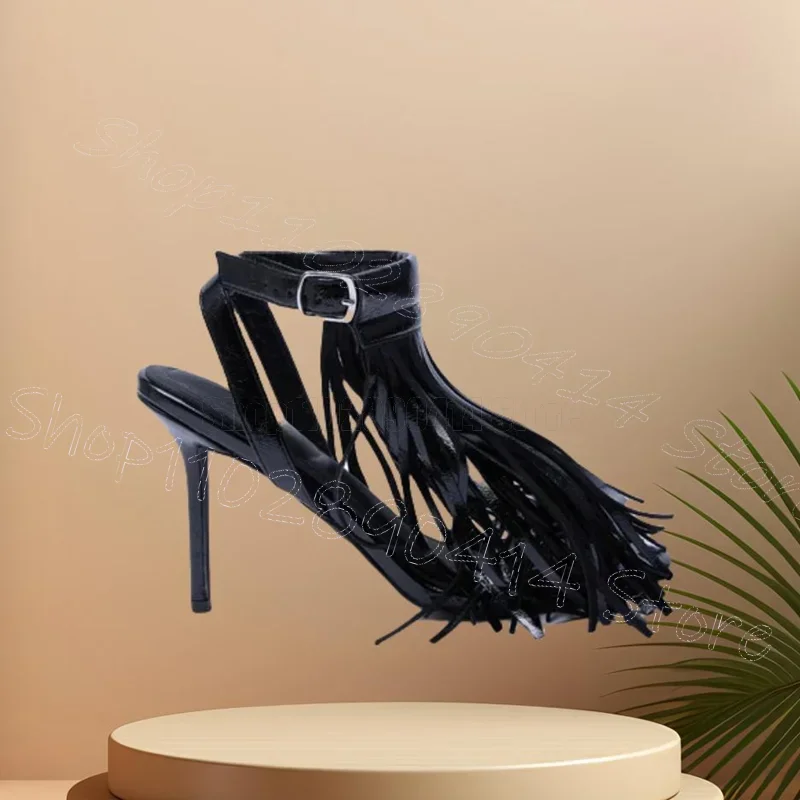

Black Tassels Design Open Toe Sandals Ankle Buckle Strap Women Shoes Thin High Heels Sexy Party Dating 2026 Zapatos Para Mujere