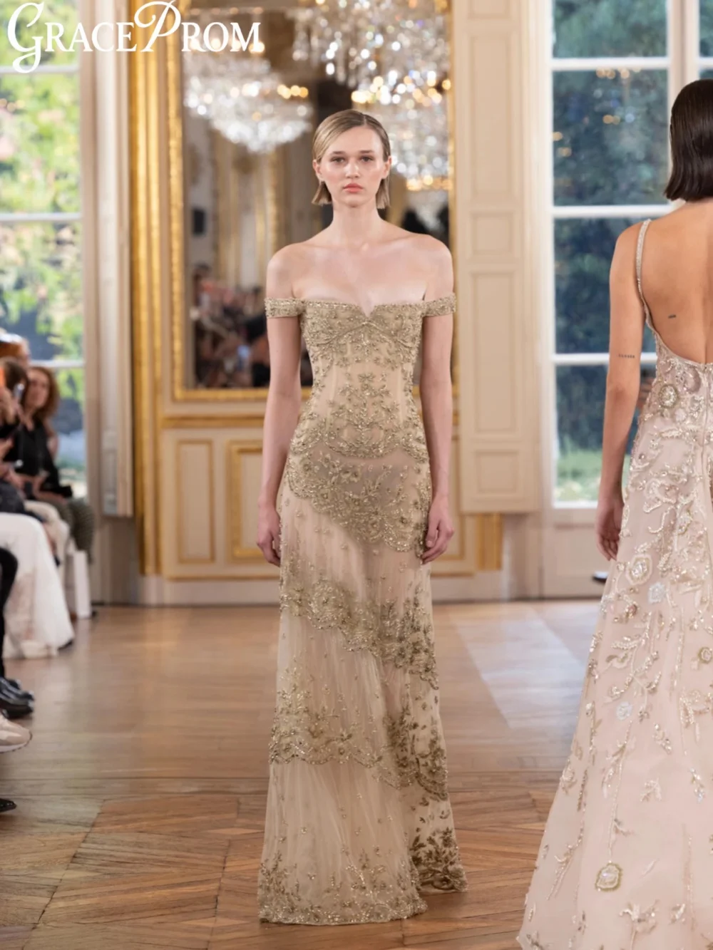 Dubai Golden Beaded Evening Dress Intricate Off Shoulder Red Carpet Gown Customized Luxury Sheer Mesh Floor-length Banquet Gowns
