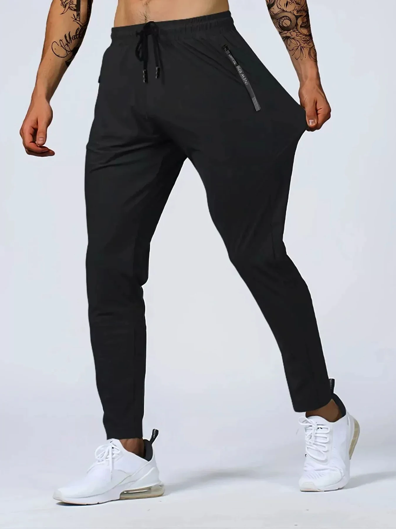 

Mens Black Training Pants with Side Zip Pockets Drawstring Waist Minimalist Urban Gym Workout Bottoms