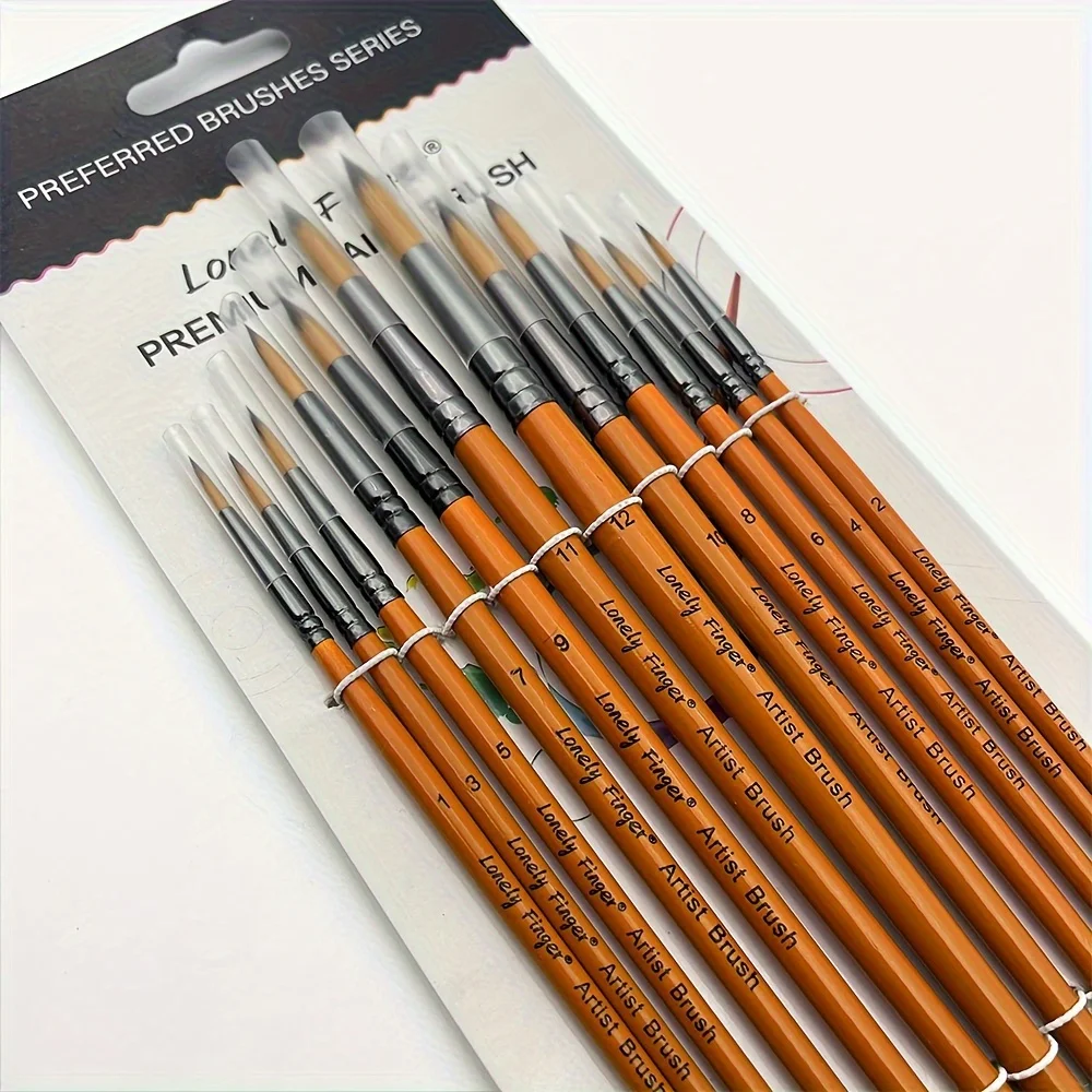 12pcs Professional Paint Brush Set for Artists & Students, High-Quality Round Pointed Tip Nylon Hair Art Supplies for Watercolor