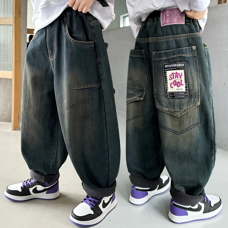 

2025AW Winter Velvet Lined Boys Jeans Pants Elastic High Waist Warm Kids Vaqueros Pants Vintage Thick Plush Children Denim