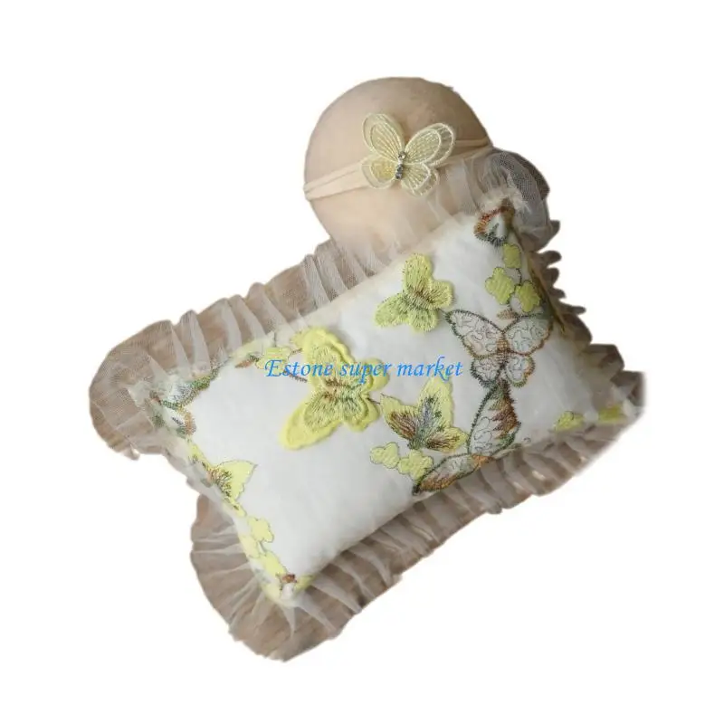 090B Baby Girls Headband with Pillow Newborn Photography Props Photo Shoots Accessories Lace Bowknot Headwear Floral Pillow