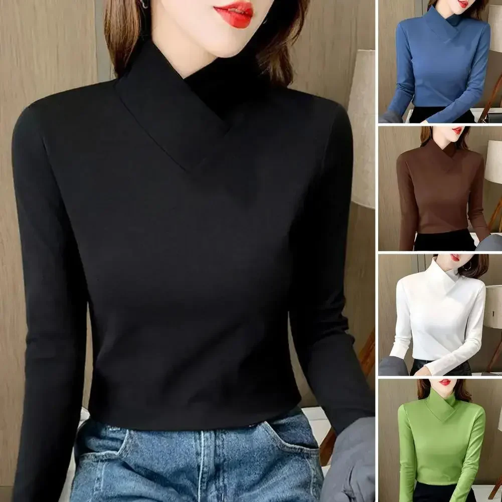 

Women Bottoming Tops Half High Collar Long Sleeve Slim Fit Soft Stretchy Pullover Solid Color Shirt with Unique Neckline