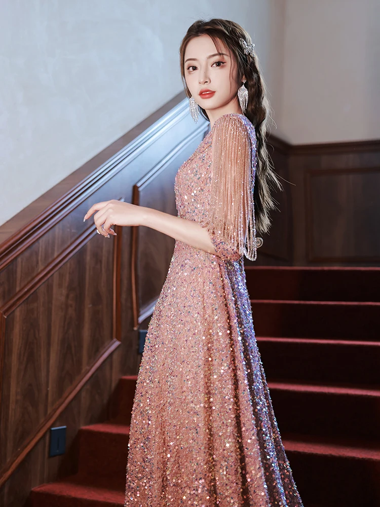 Pink Sequin Bridal Reception Dresses With Beads Elegant V-Neck Tea-Length Women Midi Dresses For Wedding Party Evening 2022