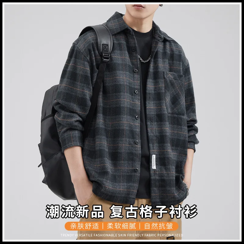 Shirt Men's Plaid Long Sleeve Heavy Vintage Loose Woolen Shirt Casual Coat