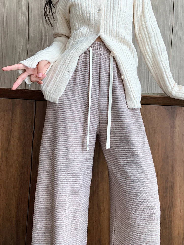 

Soft Cashmere Texture Wide Leg Pants Women 2023 Fall Winter Loose Casual Elastic Waist Straight Trousers Female Y2K High Street