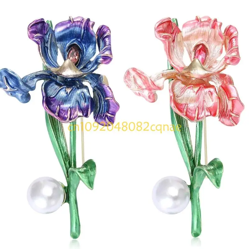 Irises Shaped Brooch With Pearls Sturdy Enamel Coating Stylish Unisex Accessory For Gifting Special Moments