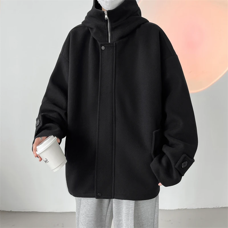 

Men's Woolen Coat Autumn Winter New Sle Casual Loose Fit Hooded Jaet Large Size Youth Faion Warmth Resistant Coat