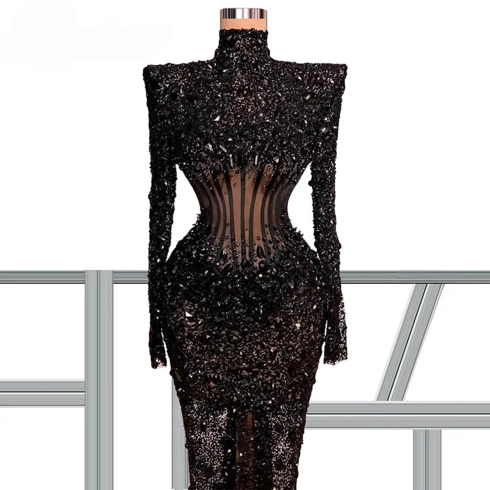 Schwarze Ballkleider mit langen Ärmeln, glitzernde Perlen, Saudi-Arabien, Dubai, Robe De Soiree, orientalische Abendkleider, maßgeschneidert