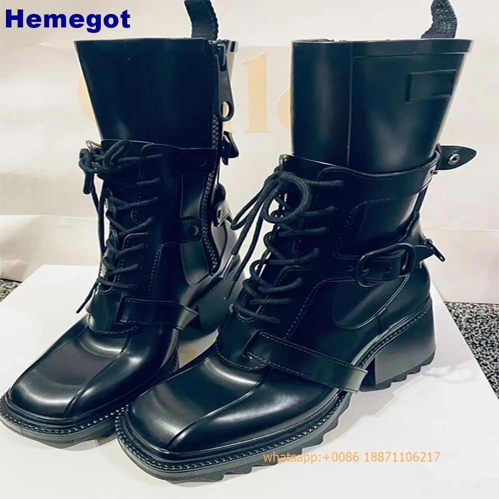 

Black Punk Belt Buckle Short Boots 2024 Autumn Square Street Rock Thick Heel Motorcycle Boots Fashion Women's Sports Casual Boot