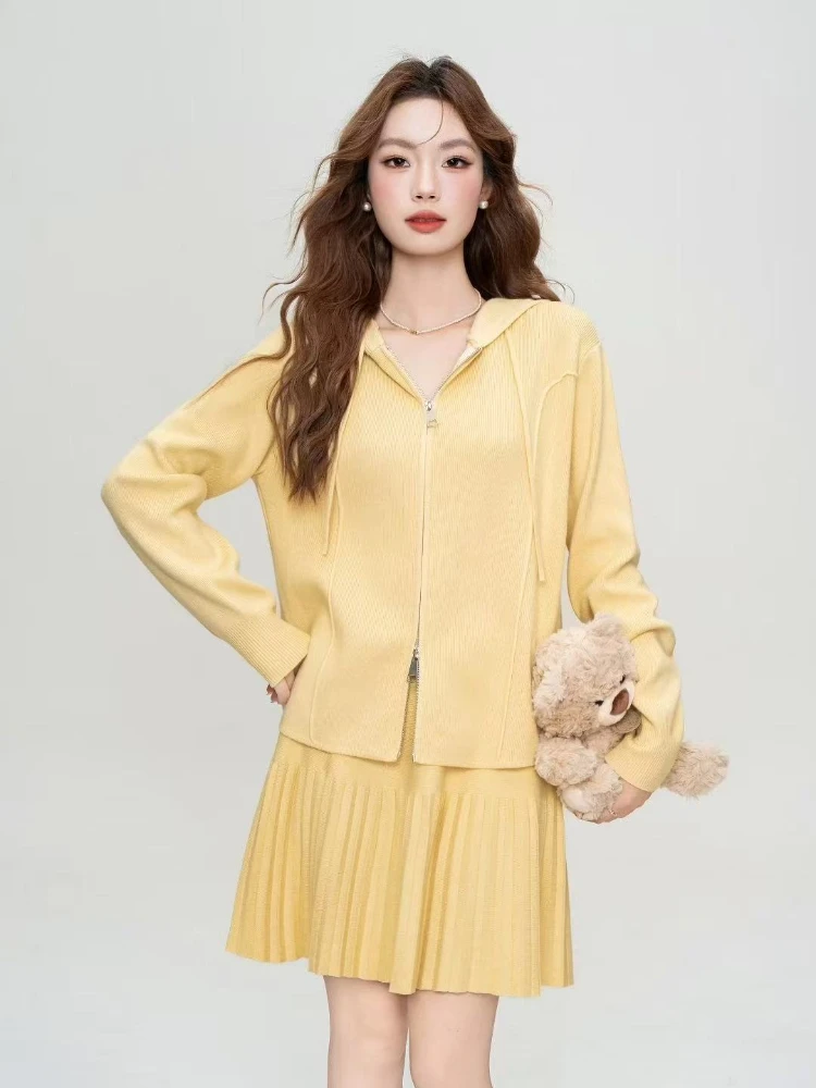 Set Rok Kardigan Berkerudung Ritsleting Kint Musim Gugur Musim Dingin Mantel Fashion Korea Elegan Set Dua Potong Pakaian Wanita Atasan Lengan Panjang